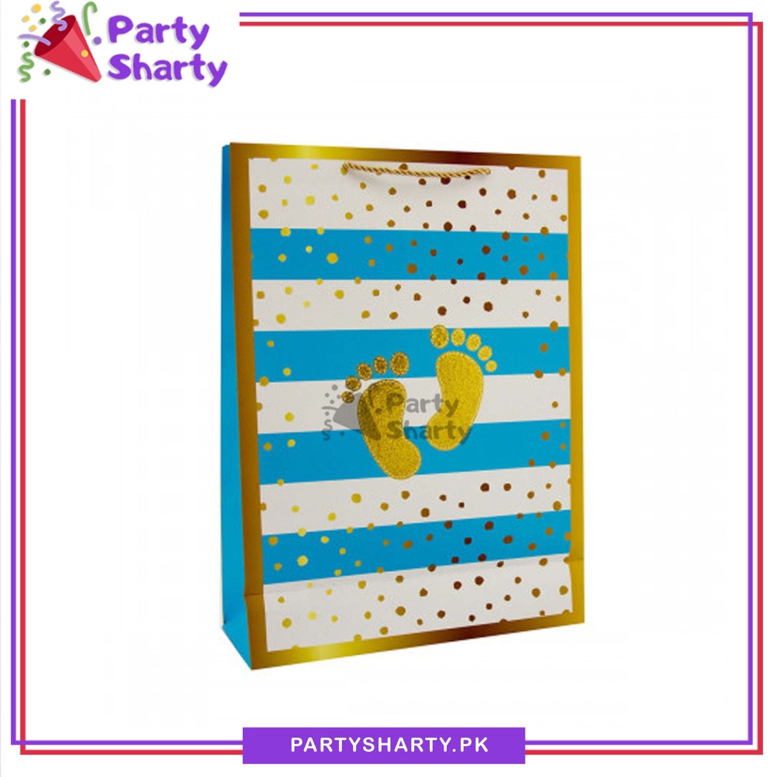 Blue Baby Foot Golden Foil Printed Paper Goody Bag For Welcome Baby Event Giveaways