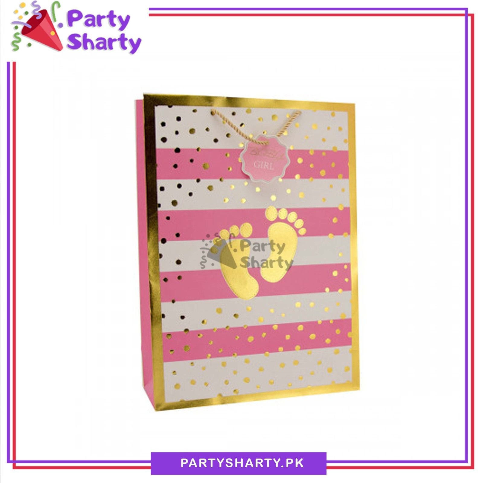 Pink Baby Foot Golden Foil Printed Paper Bag For Welcome Baby Event Giveaways