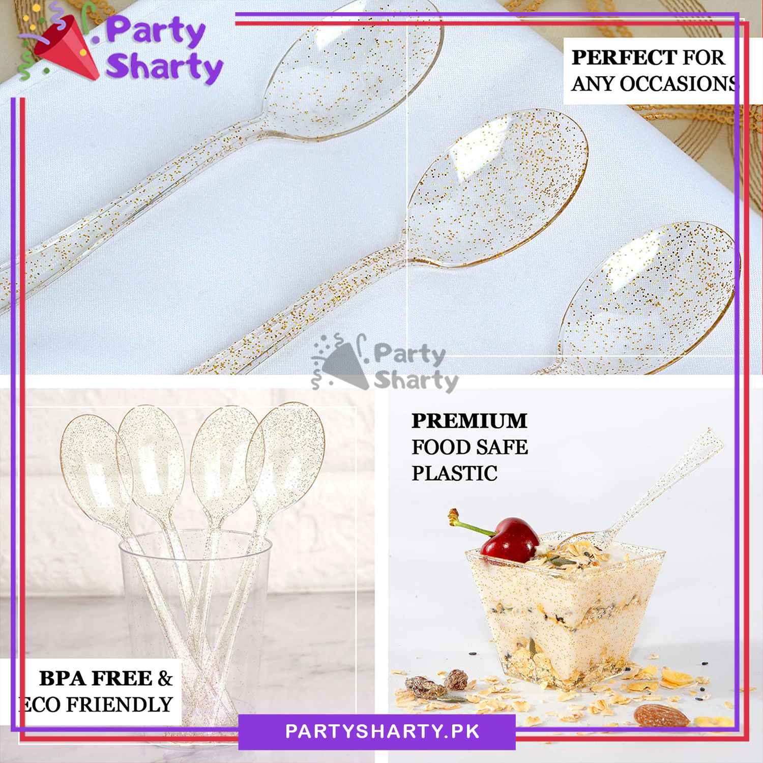 Glittered Classic Heavy Duty Plastic Spoons Set For Birthday, Anniversary, Wedding Party Decoration and Celebration