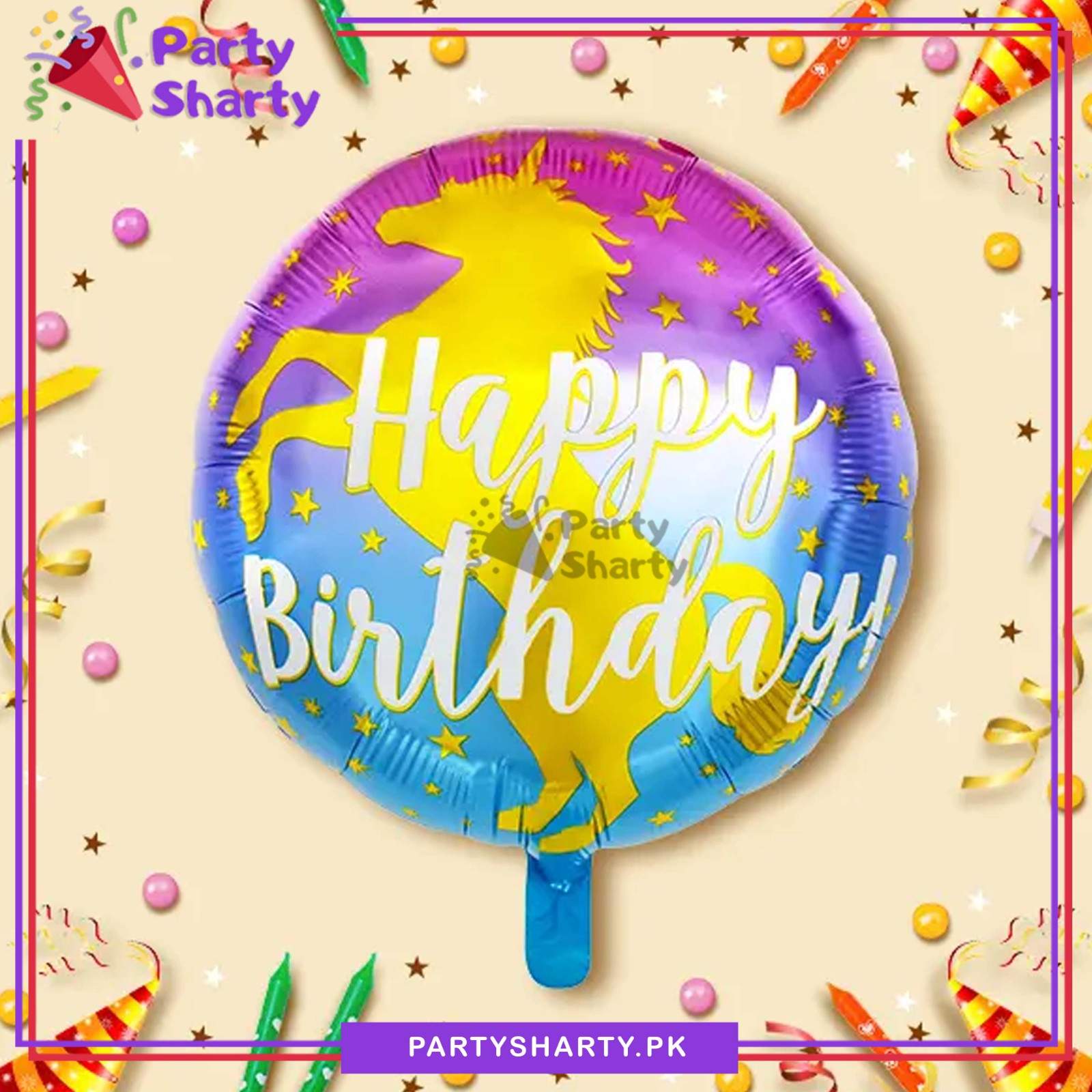 Golden Unicorn Horse Printed Cute Round Foil Balloon For Unicorn Theme Decoration & Celebration