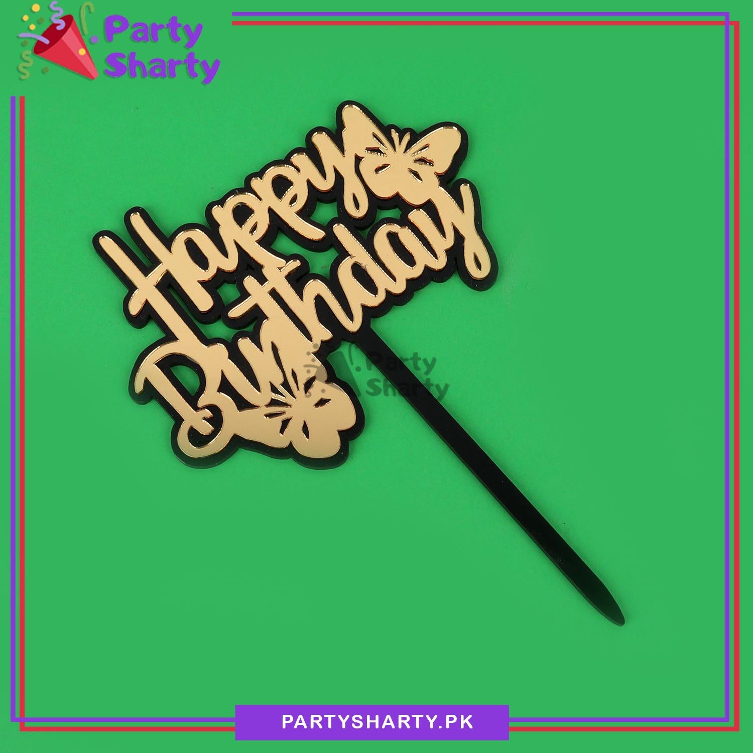 Golden & Black Happy Birthday Double Layer Butterfly Theme Acrylic Cake Topper for Birthday Celebration