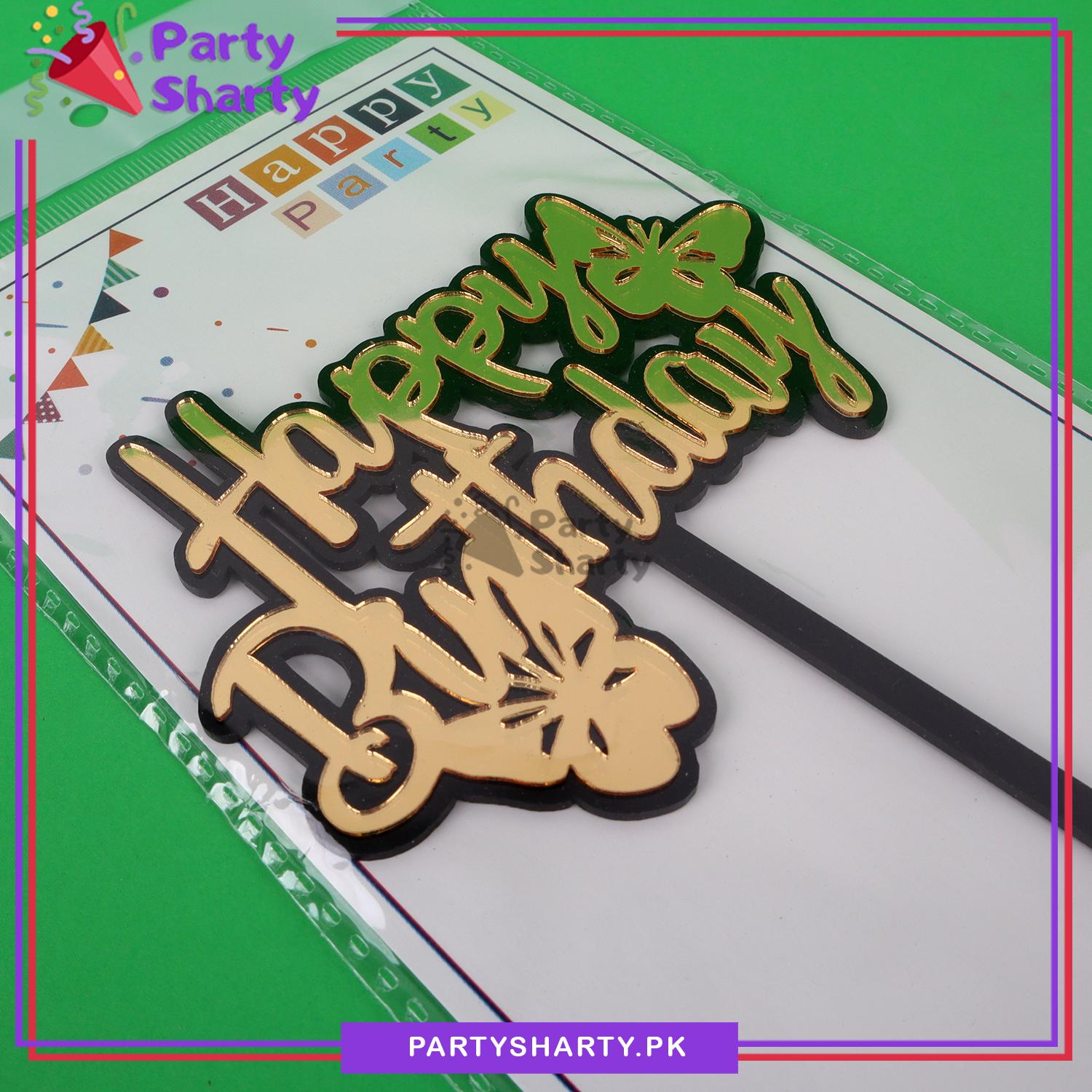Golden & Black Happy Birthday Double Layer Butterfly Theme Acrylic Cake Topper for Birthday Celebration