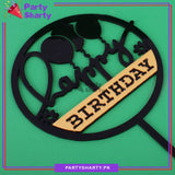 Golden & Black Happy Birthday Double Layer Round With Balloons Shaped Acrylic Cake Topper for Birthday Celebration