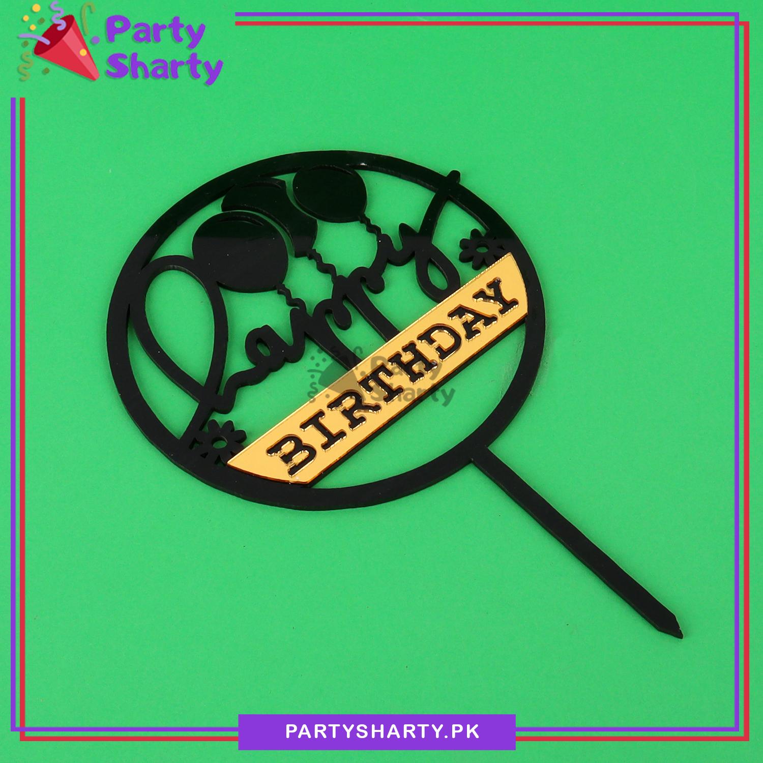 Golden & Black Happy Birthday Double Layer Round With Balloons Shaped Acrylic Cake Topper for Birthday Celebration
