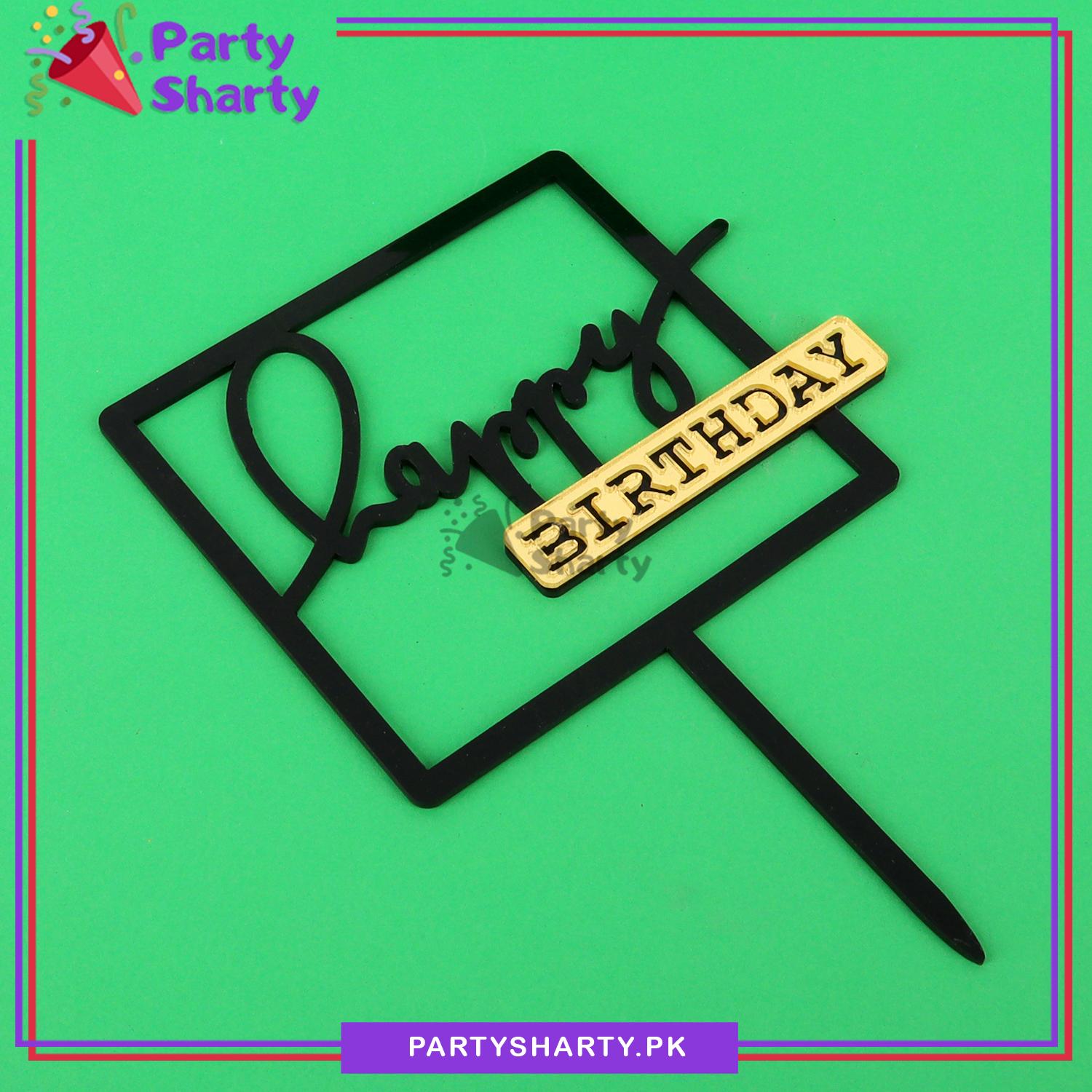 Golden & Black Happy Birthday Double Layer Square Shaped Acrylic Cake Topper for Birthday Celebration