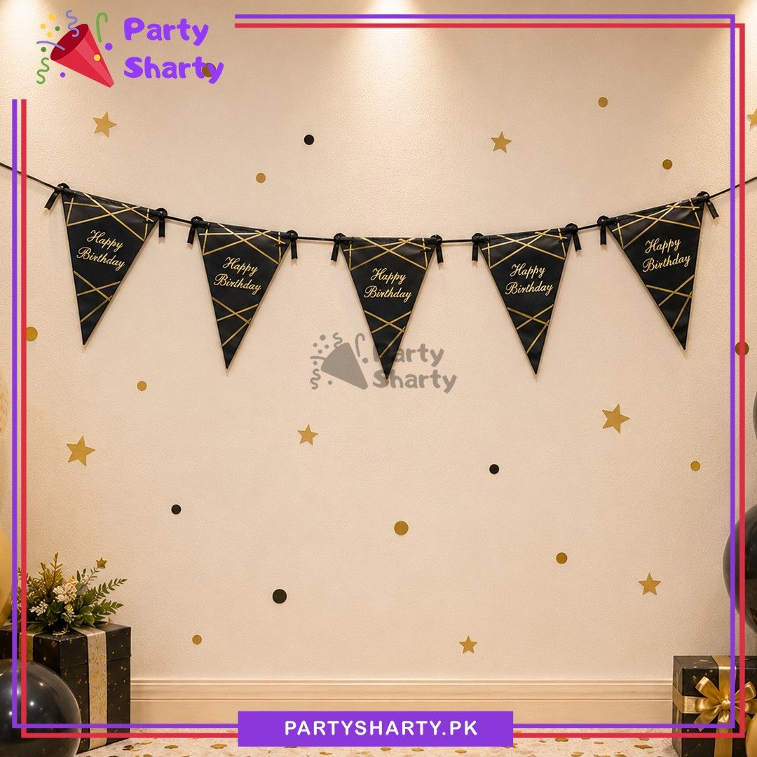 Black Color Happy Birthday Foil Printed Party Flag Buntings For Birthday Party Decoration