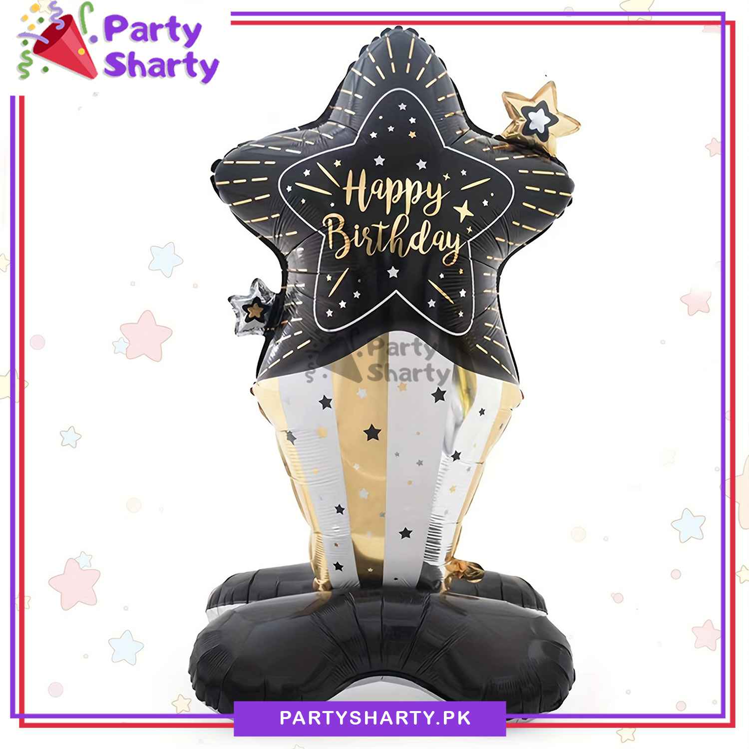 Golden & Black Star Happy Birthday Printed Airloonz Foil Balloon For Birthday Party Decoration and Celebration