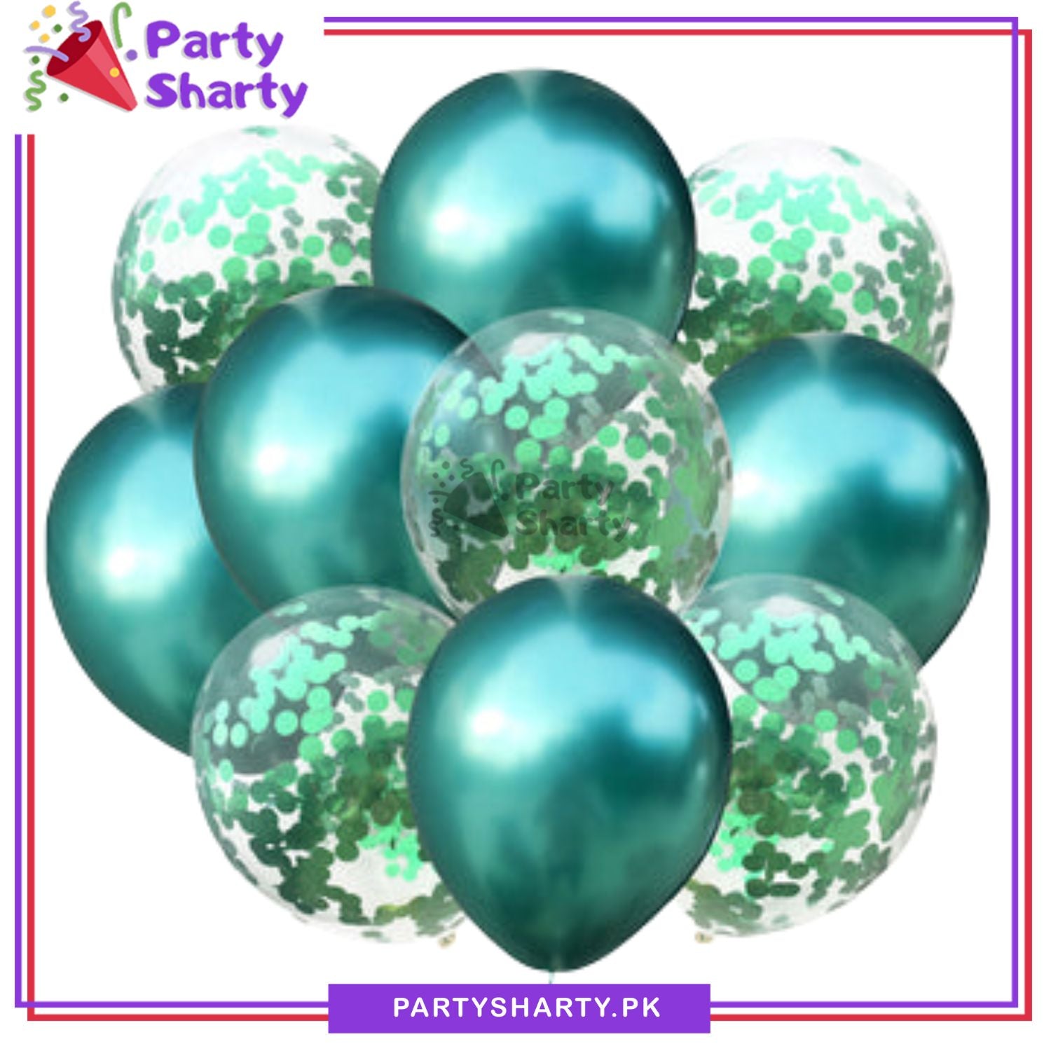 Green Chrome Balloons with Confetti Filled Balloons for Independence Day Decoration & Celebrations (10 pcs / set)
