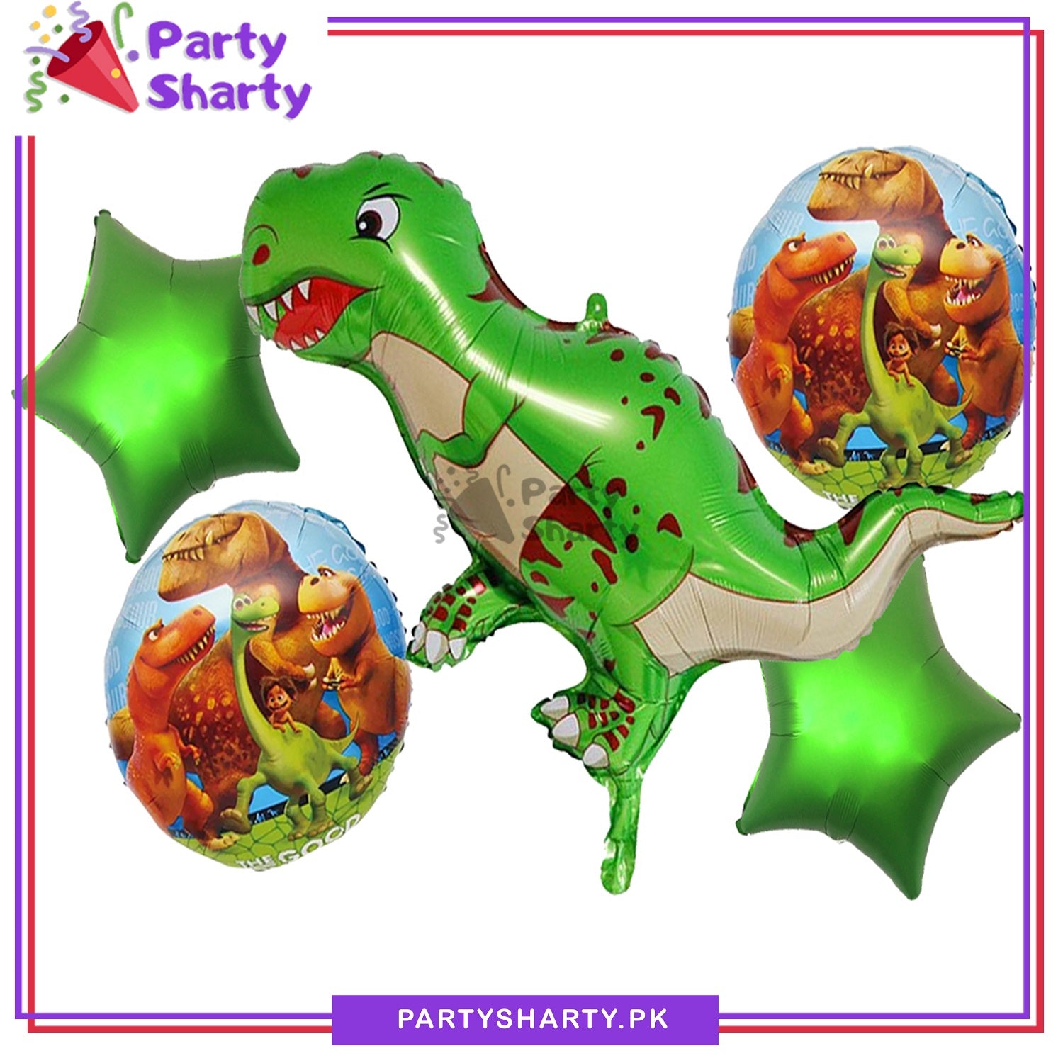 Green Dinosaur Cartoon Foil Balloon Set - 5 Pieces For Dinosaur / Dragon theme Birthday Party