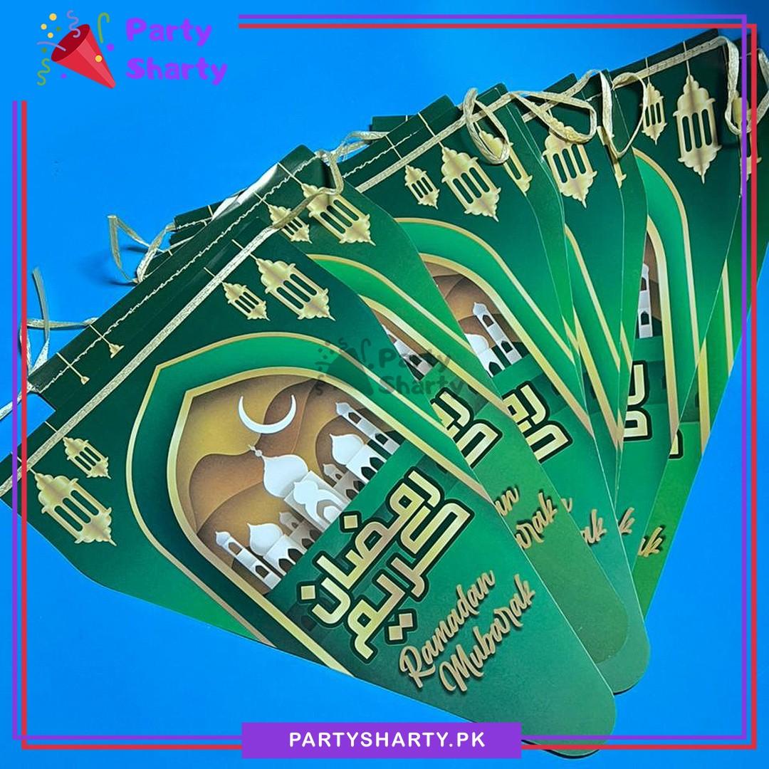 Green Ramadan Kareem With Mosque Printed Party Flags Pack of 10 For Ramadan Decoration