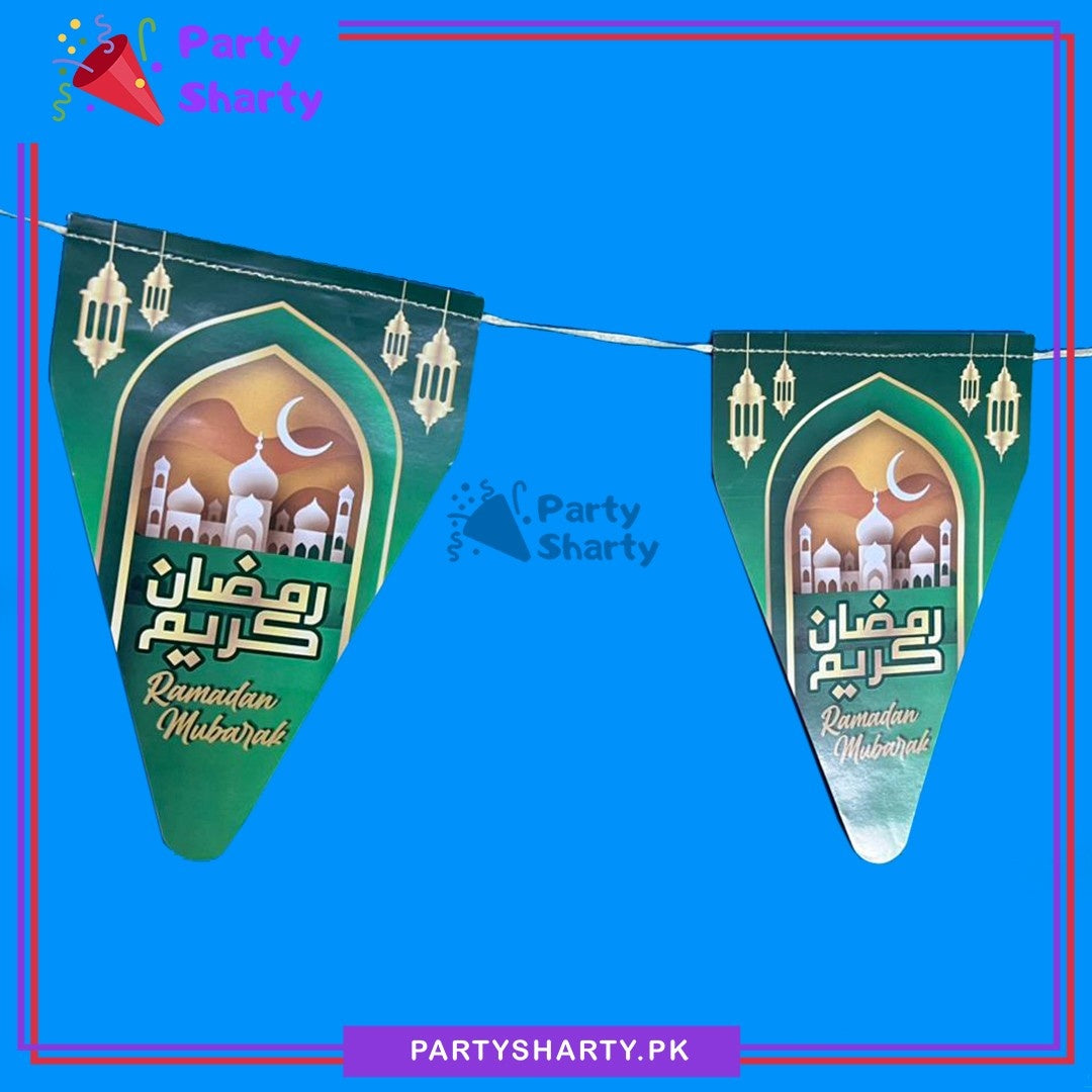 Green Ramadan Kareem With Mosque Printed Party Flags Pack of 10 For Ramadan Decoration