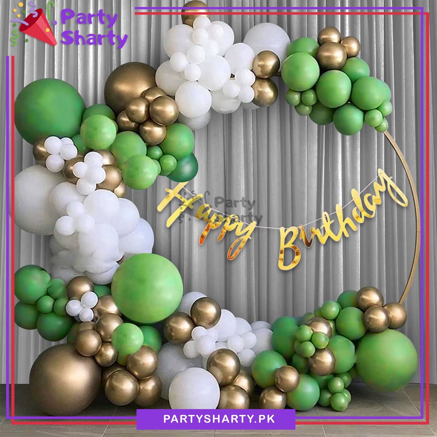 Happy Birthday Golden with Olive Green & White Balloon Garland Set For Party Event Decoration