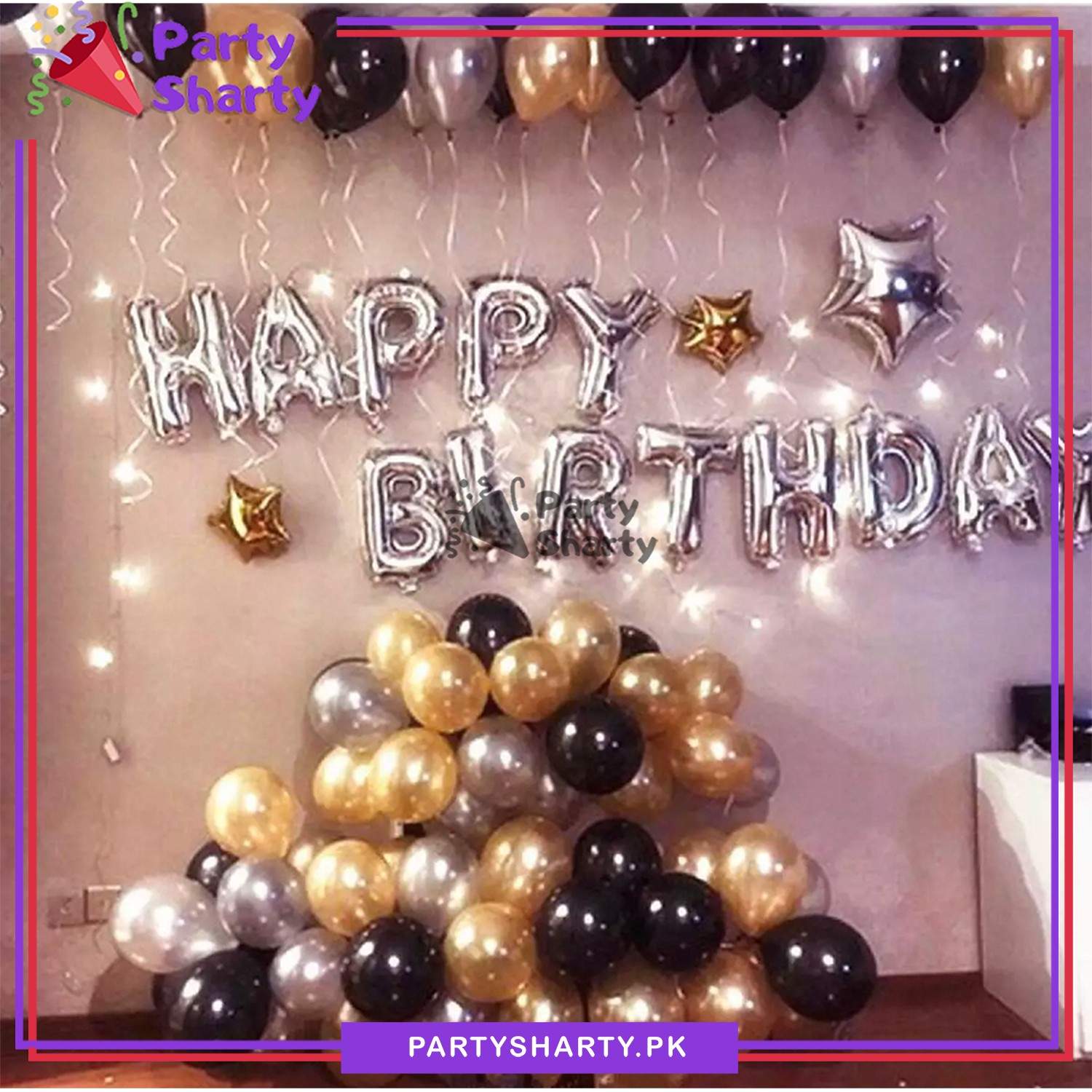D-1 Happy Birthday Silver with Silver, Black & Golden Balloons Theme Set For Birthday Decoration and Celebrations