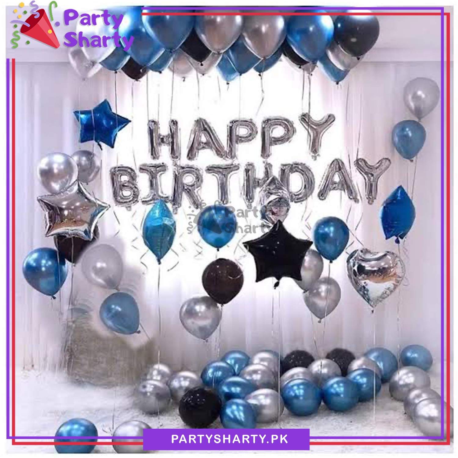 Happy Birthday Silver with Blue & Black Balloons Theme Set For Birthday Decoration and Celebrations