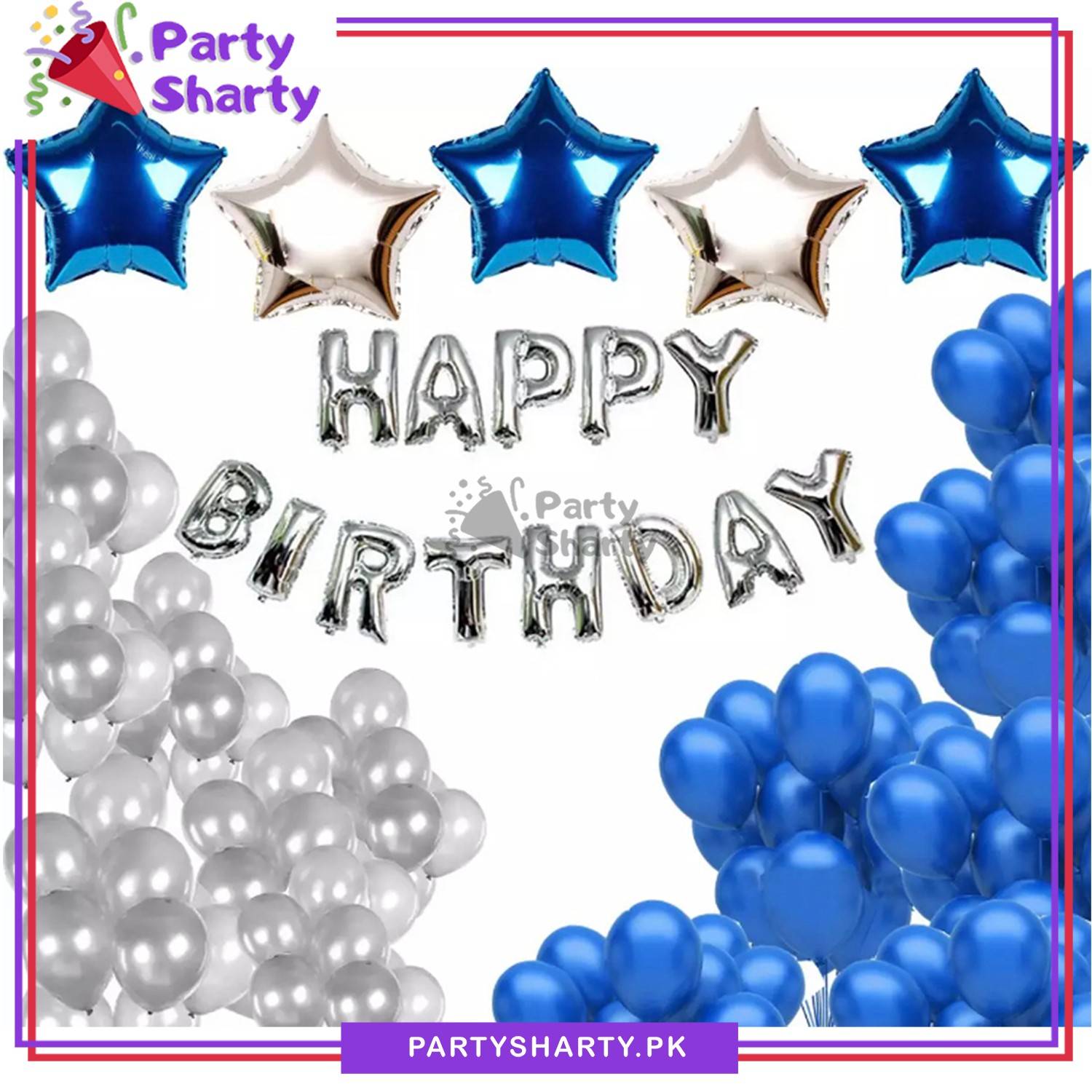 Happy Birthday Silver & Blue Theme Set For Birthday Decoration and Celebrations