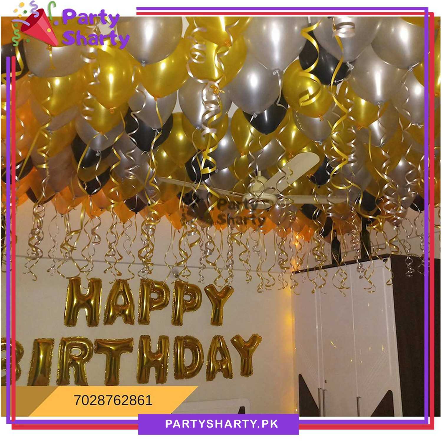 Happy Birthday Golden with Silver, Black & Golden Balloons Theme Set For Birthday Decoration and Celebrations