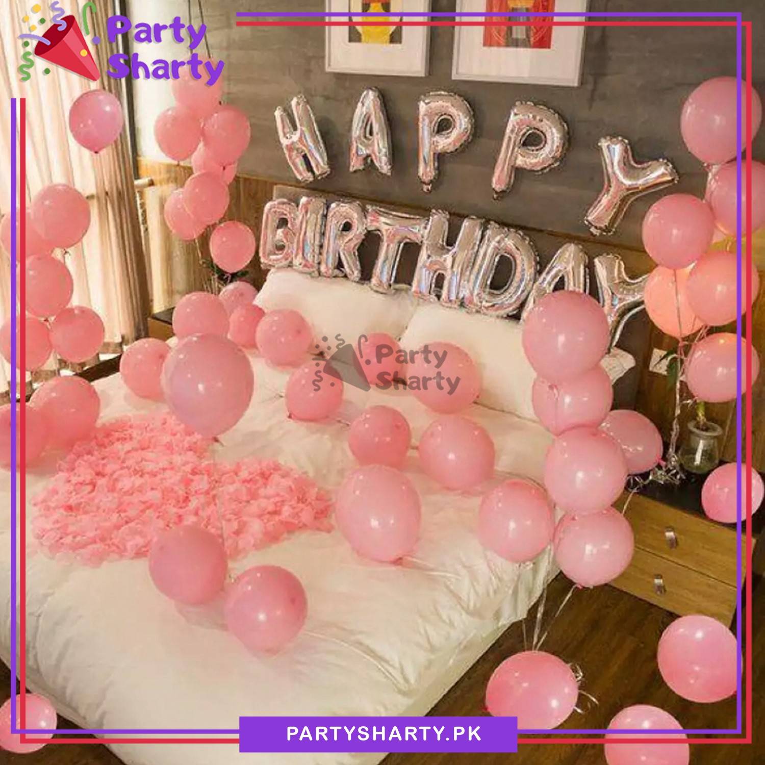 Happy Birthday Silver with Pink Balloons Theme Set For Birthday Decoration and Celebrations