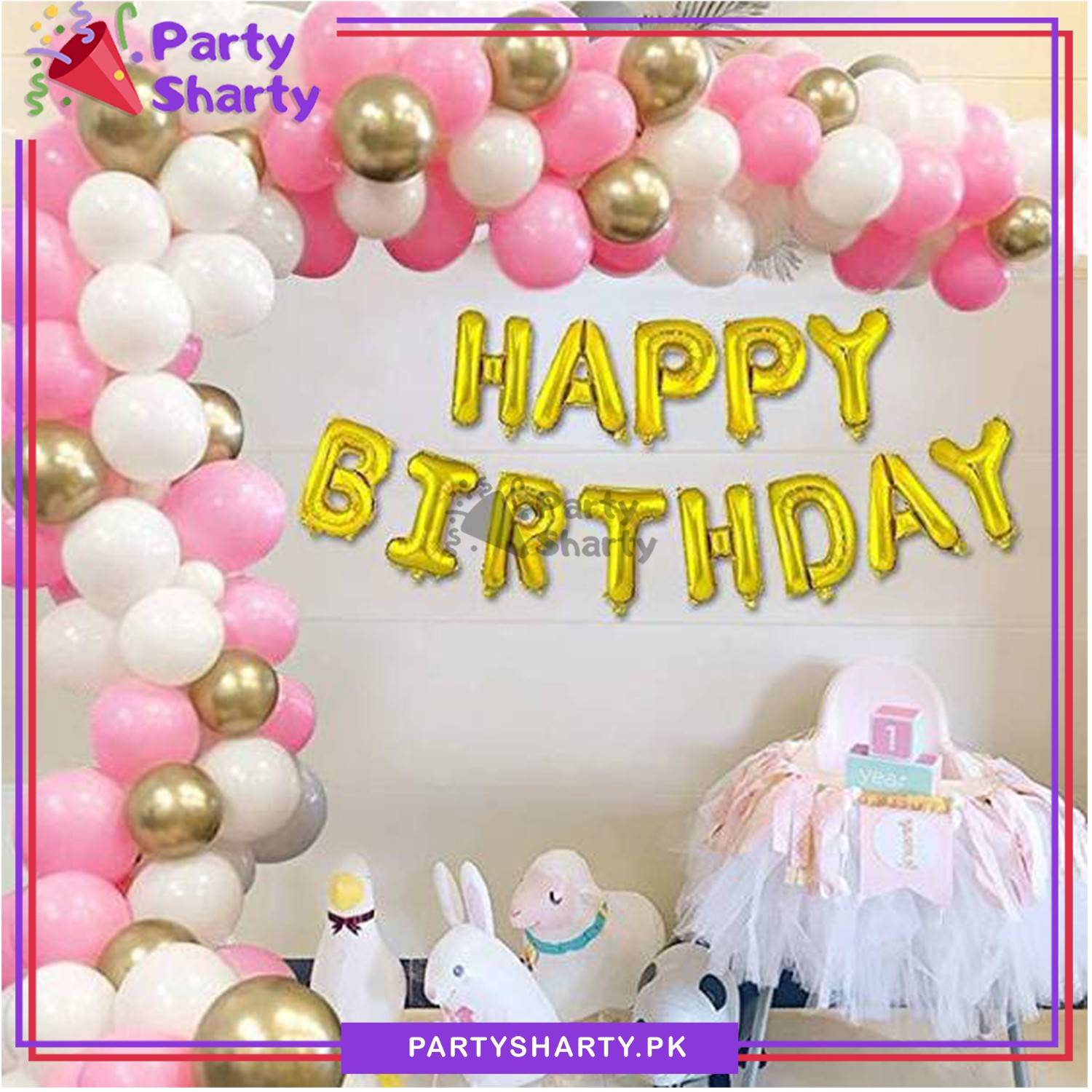 Happy Birthday Golden with Pink & White Set For Birthday Decoration and Celebrations