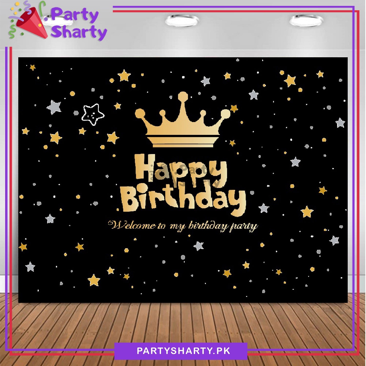 Happy Birthday Printed Crown With Star Panaflex backdrop For Birthday Theme Decoration and Celebration