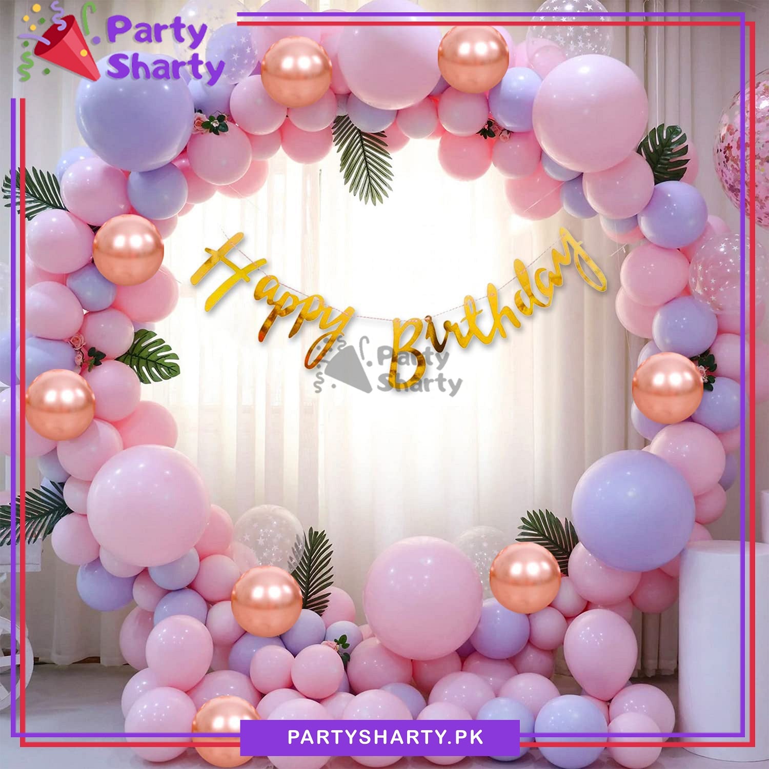 Happy Birthday Golden with Pastel Pink & Purple Balloons Set For Birthday Party Decoration and Celebration