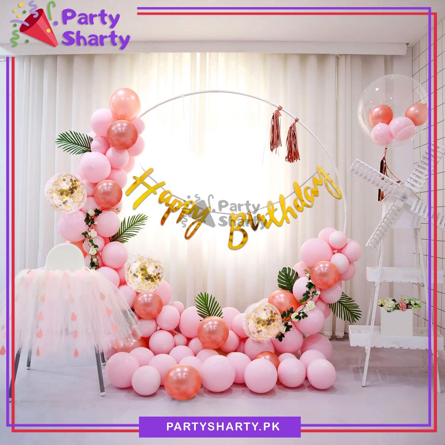 Happy Birthday Golden with Pink Balloons Theme Set For Birthday Party Decoration and Celebration