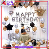 Happy Birthday Silver with Crown Foil Balloon and Black, Silver & Golden Theme Set For Decoration and Celebration