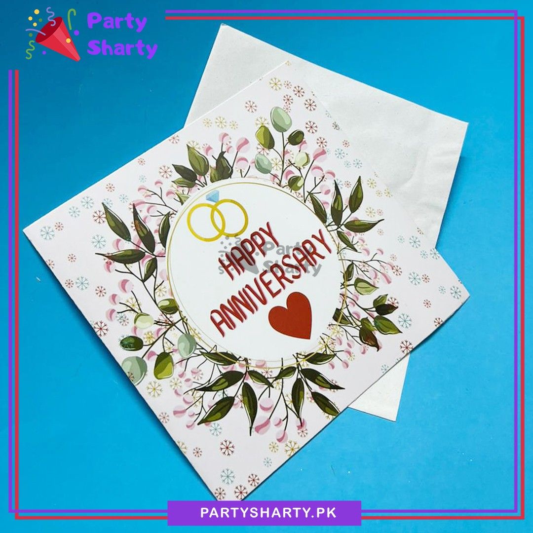 Happy Anniversary With Ring & Mini Red Heart Printed Design Greeting Card