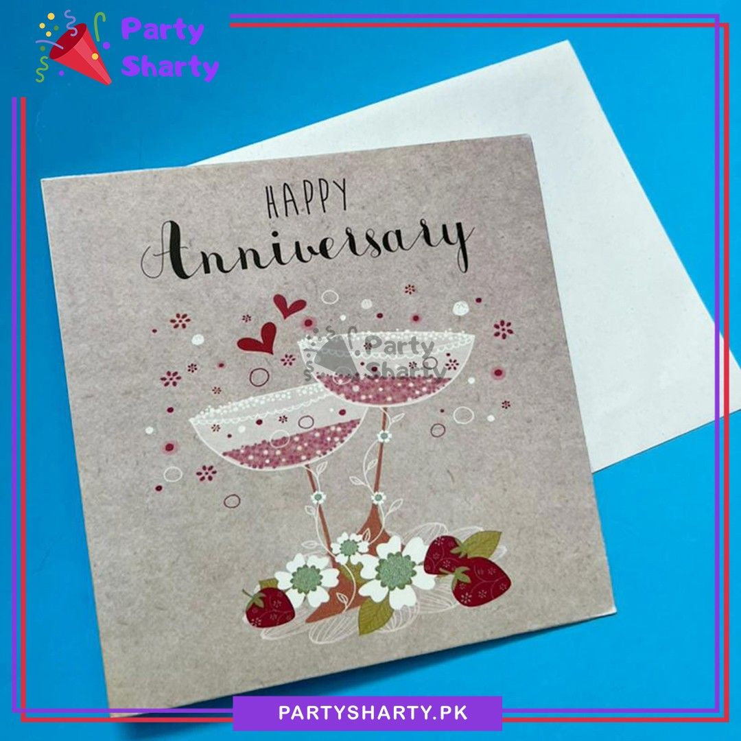 Happy Anniversary With Flower & Glass Printed Design Greeting Card
