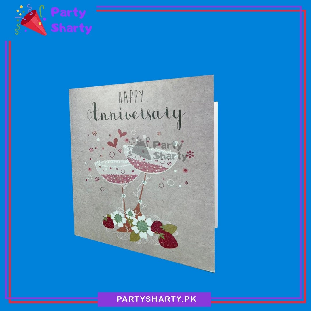 Happy Anniversary With Flower & Glass Printed Design Greeting Card