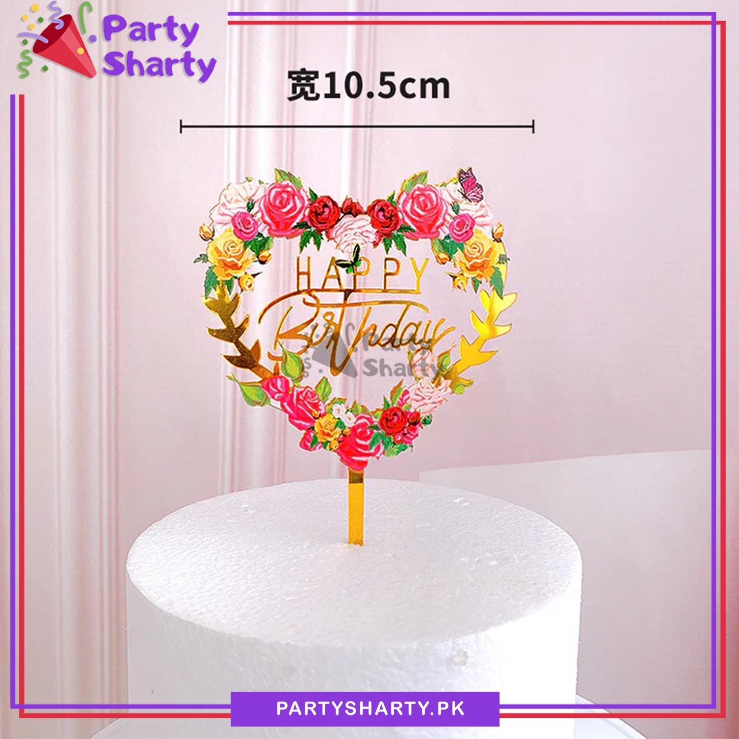 Happy Birthday Acrylic Cake Topper With Flower Design For Birthday Celebration and Decoration Supplies