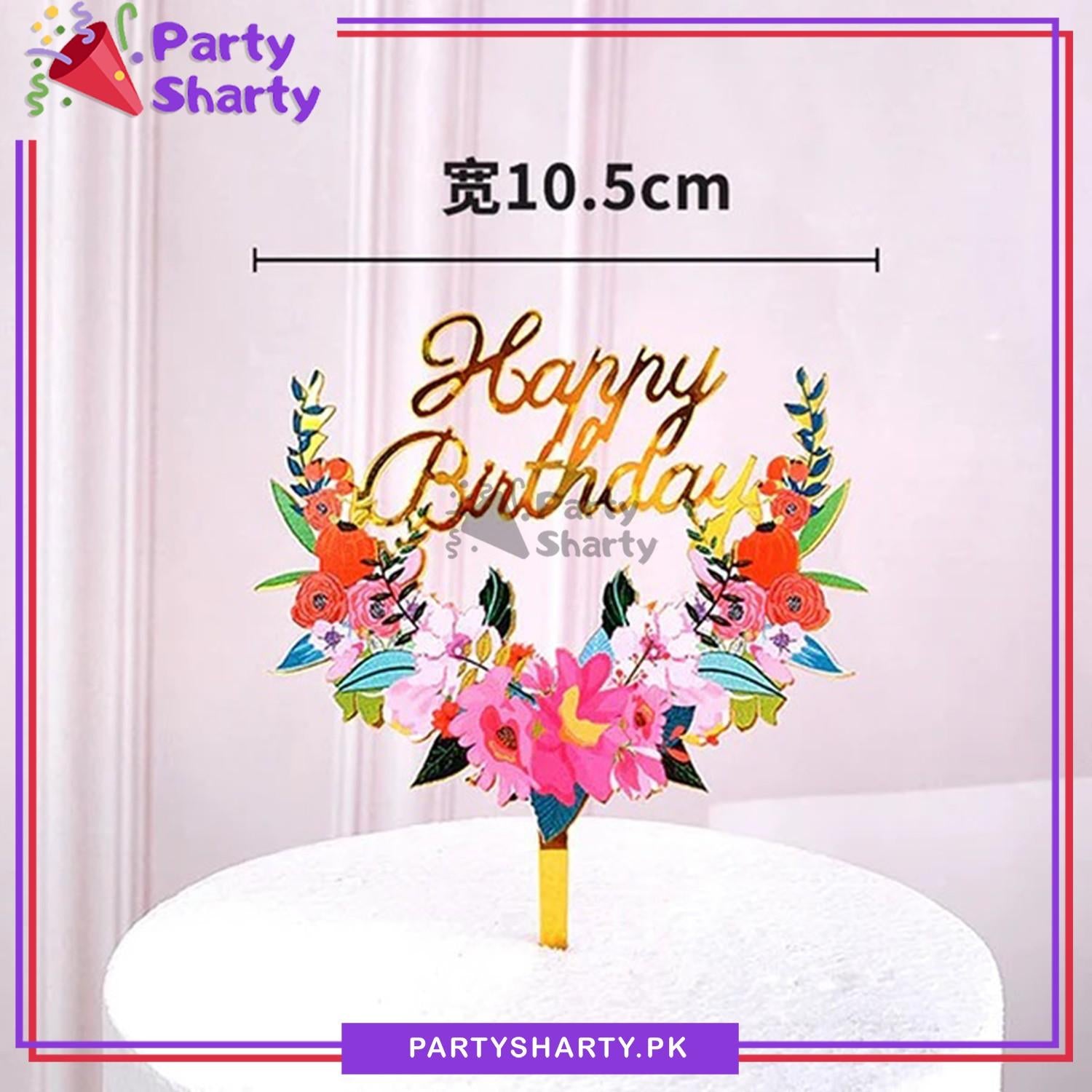 Happy Birthday Acrylic Cake Topper With Flower Design For Birthday Celebration and Decoration Supplies