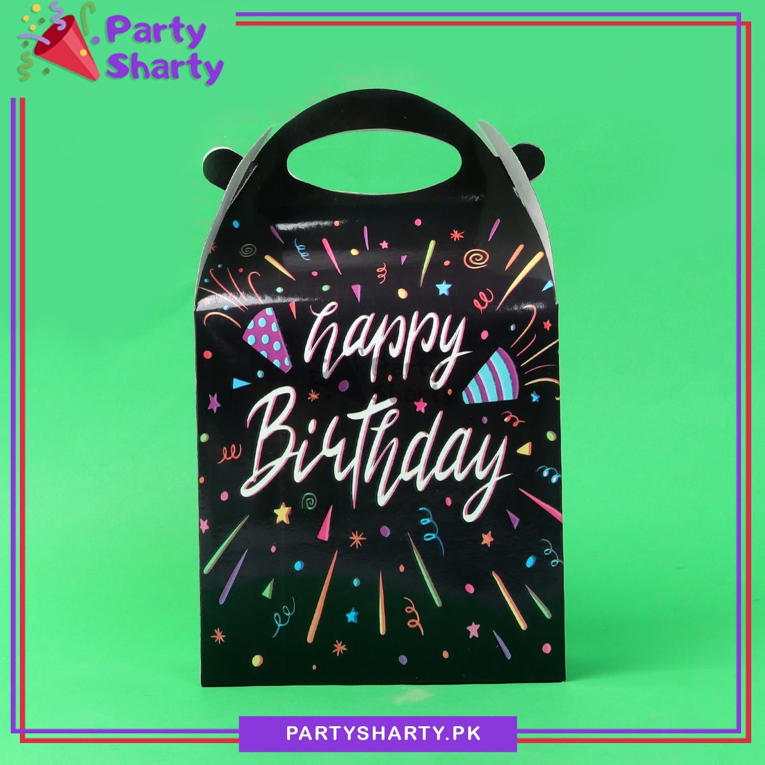 Happy Birthday Printed Black Goody Boxes Pack of 6 For Birthday Decoration and Celebration