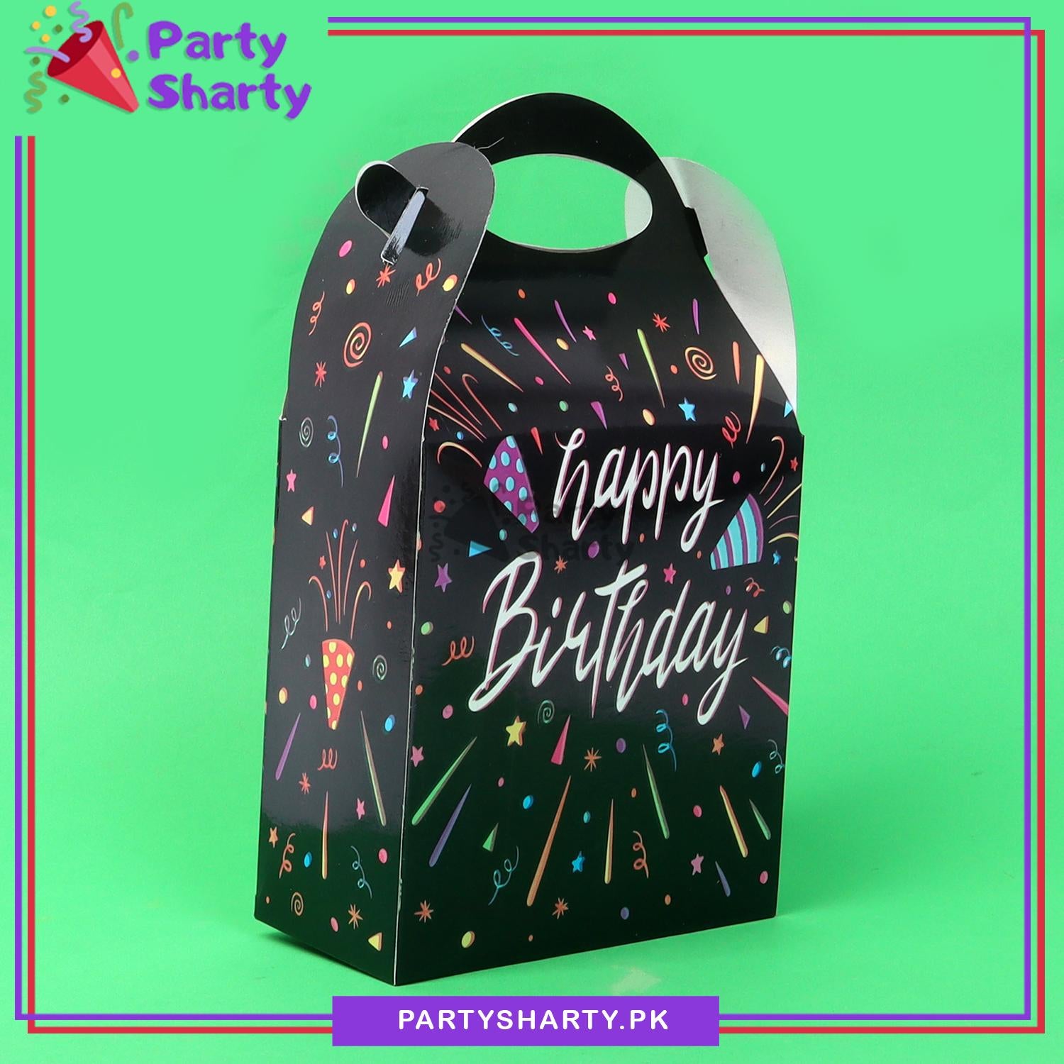Happy Birthday Printed Black Goody Boxes Pack of 6 For Birthday Decoration and Celebration