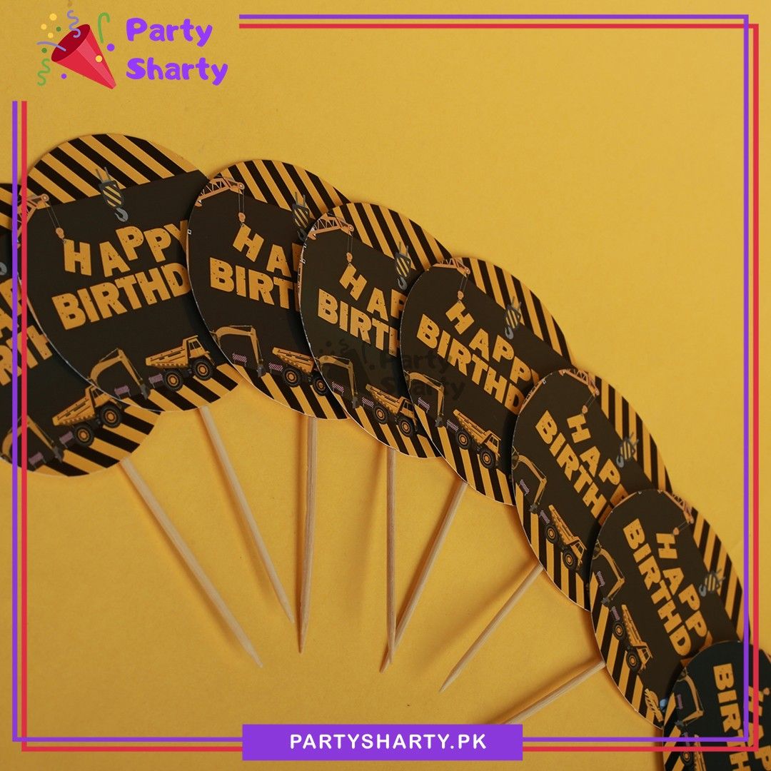 Happy Birthday Construction Theme Cup Cake Topper For Construction Theme Party Decoration & Celebration