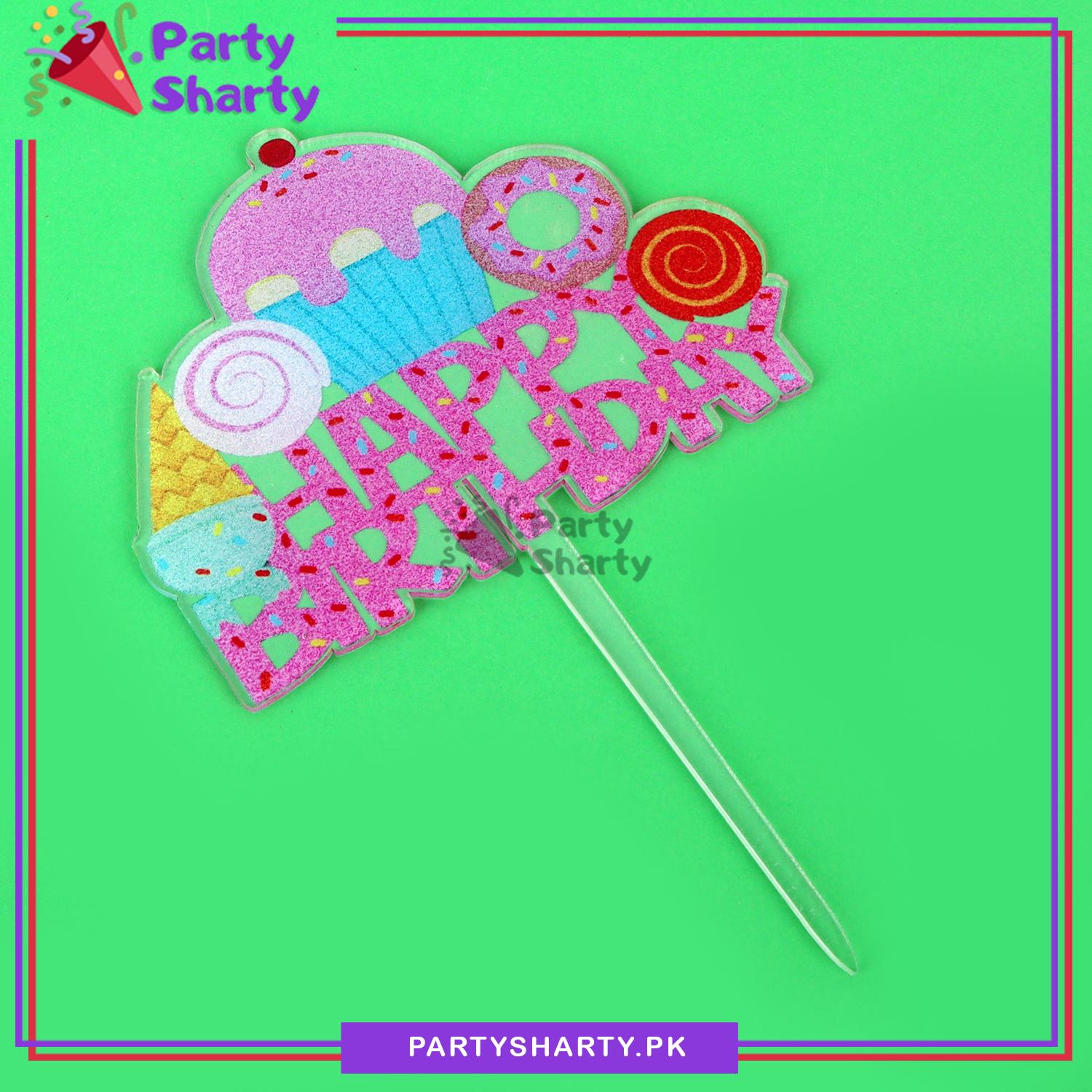 Happy Birthday Donut & Ice-cream Theme Acrylic Cake Topper for Candyland Theme Based Party Decoration And Celebration