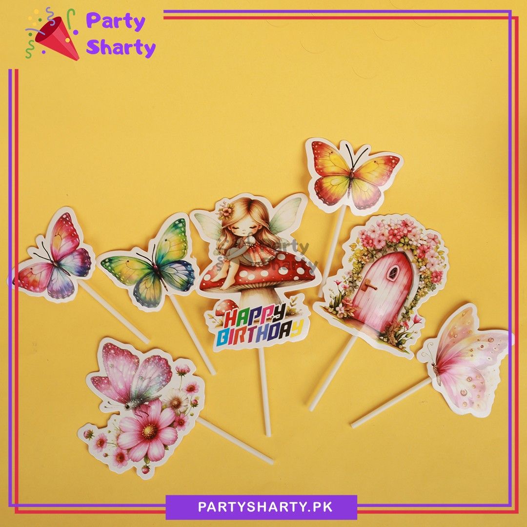 7pcs/Set Happy Birthday Fairy & Butterfly Theme Cake Toppers For Birthday Cake Decoration