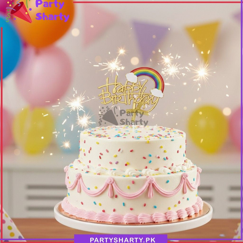 Happy Birthday With Cloud Rainbow Printed Golden Plastic Cake Topper For Birthday Party Celebration & Decoration