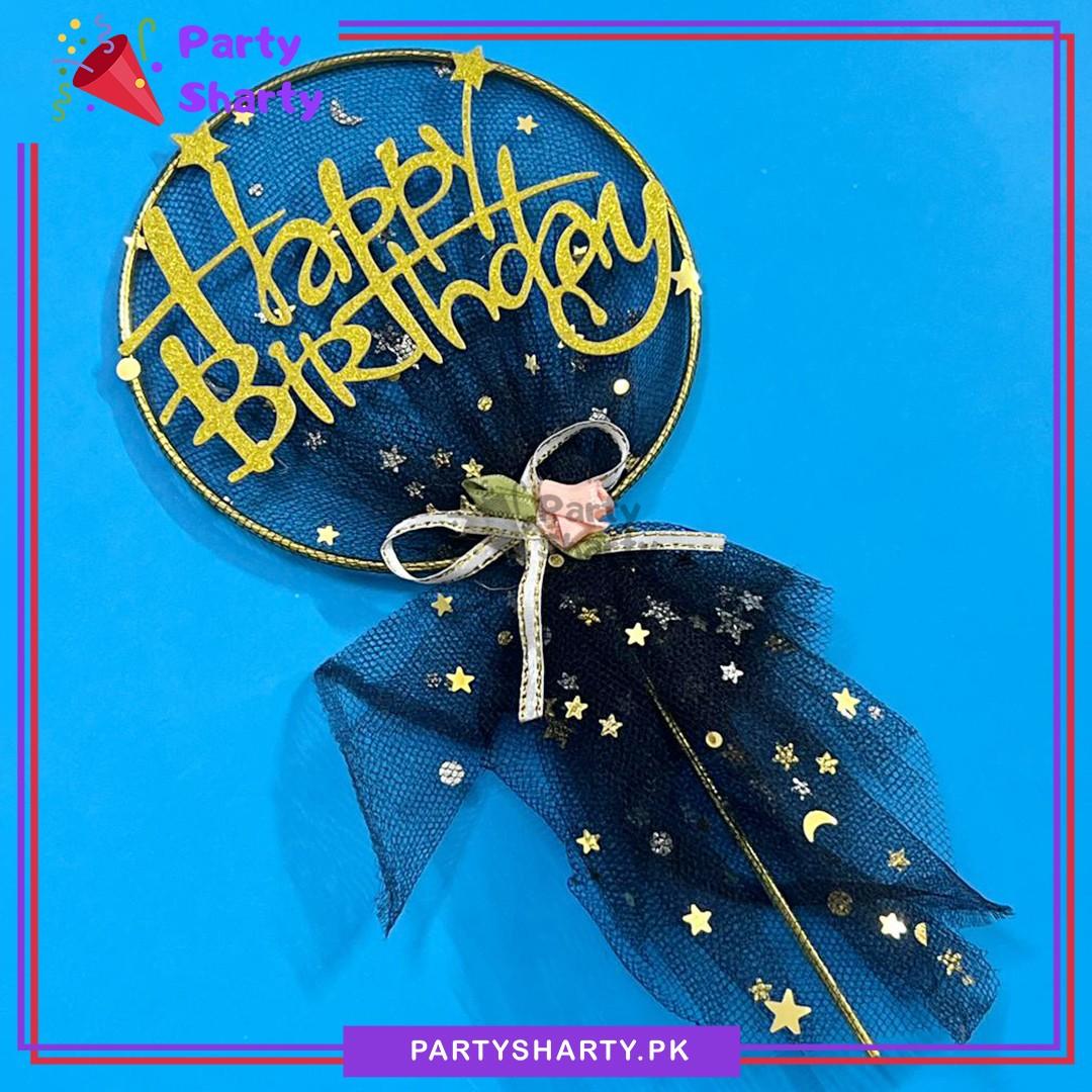 Happy Birthday Metal With Black Net Cake Topper For Birthday Theme Based Cake Celebration