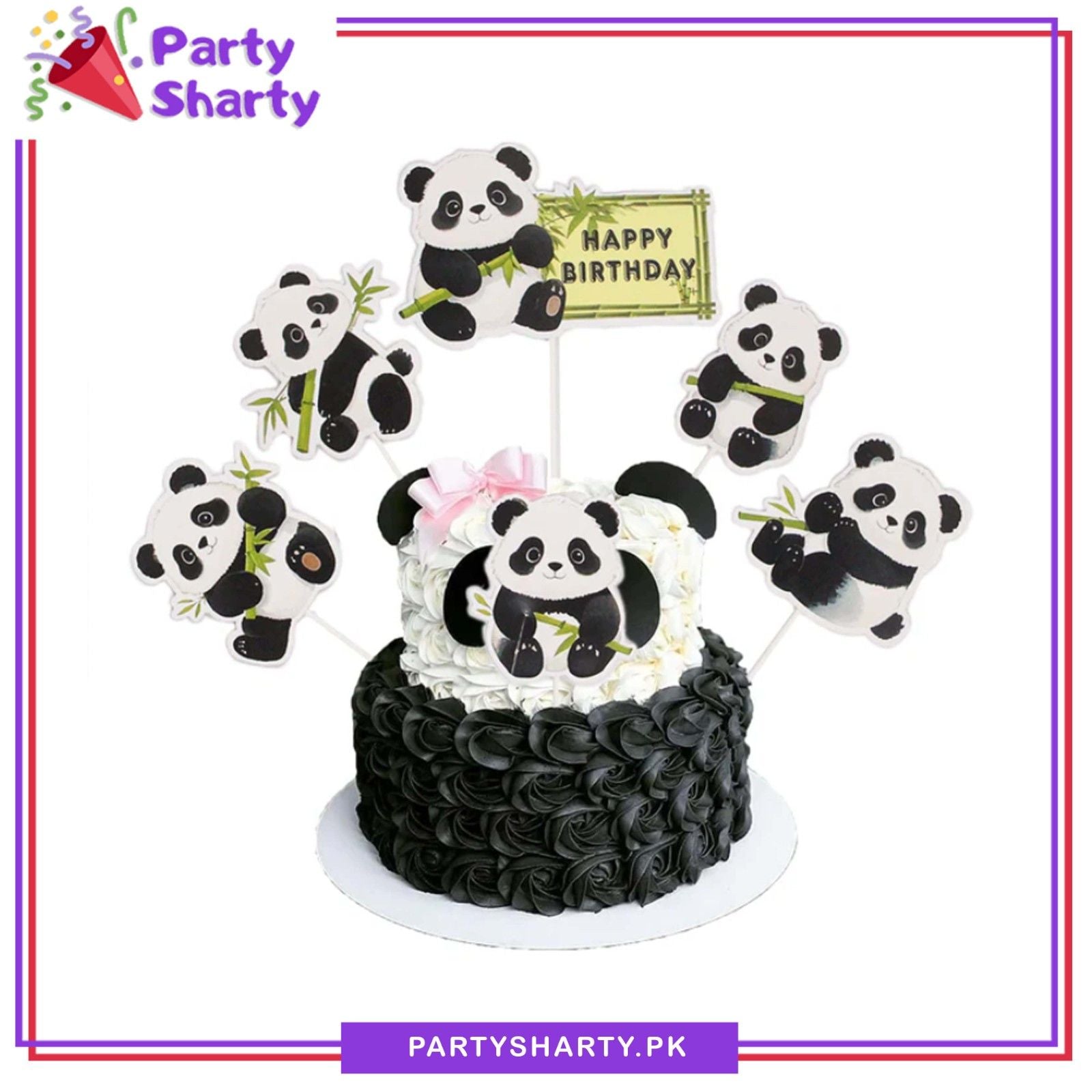 6pcs/set Panda Theme Happy Birthday Cake Toppers For Cake Decoration