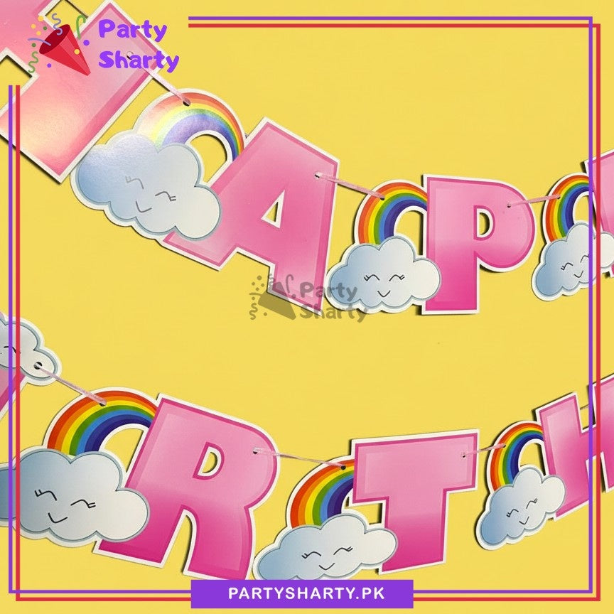 Pink Happy Birthday With Cloud Rainbow Theme Card Banner For Theme Party Decoration & Celebration