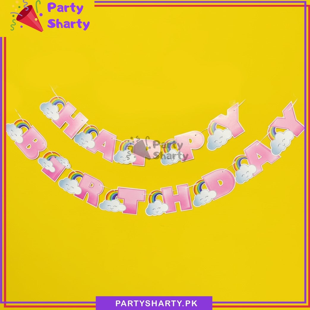 Pink Happy Birthday With Cloud Rainbow Theme Card Banner For Theme Party Decoration & Celebration