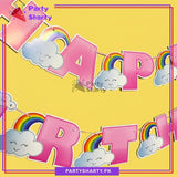 Pink Happy Birthday With Cloud Rainbow Theme Card Banner For Theme Party Decoration & Celebration