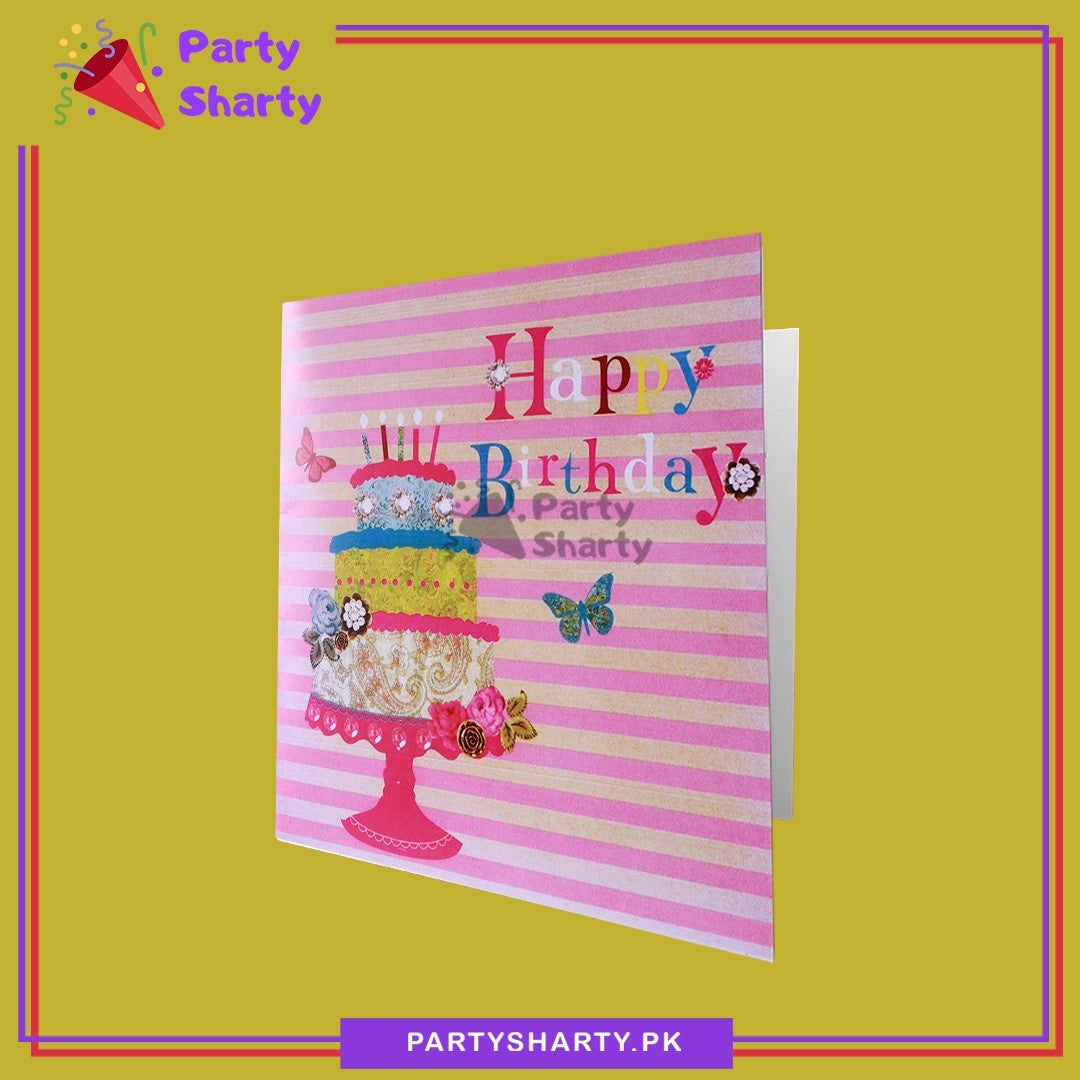 Happy Birthday With Cake & Butterfly Printed Greeting Card