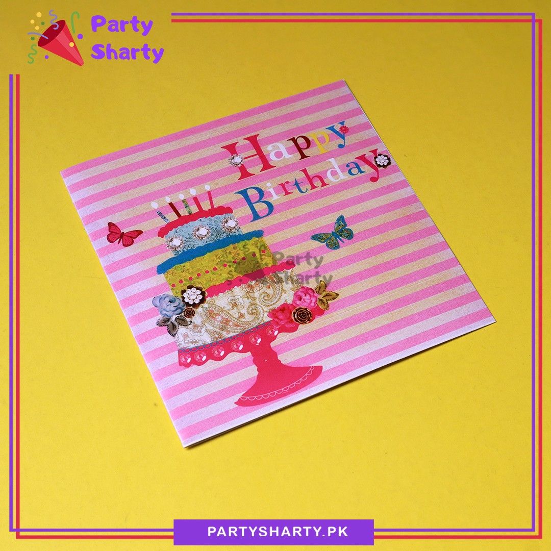 Happy Birthday With Cake & Butterfly Printed Greeting Card