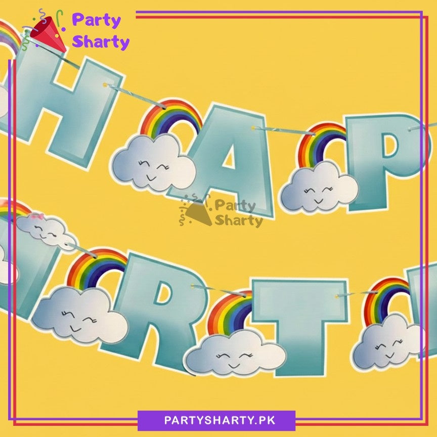 Blue Happy Birthday with Cloud Rainbow Theme Card Banner For Rainbow Theme Party Decoration & Celebration