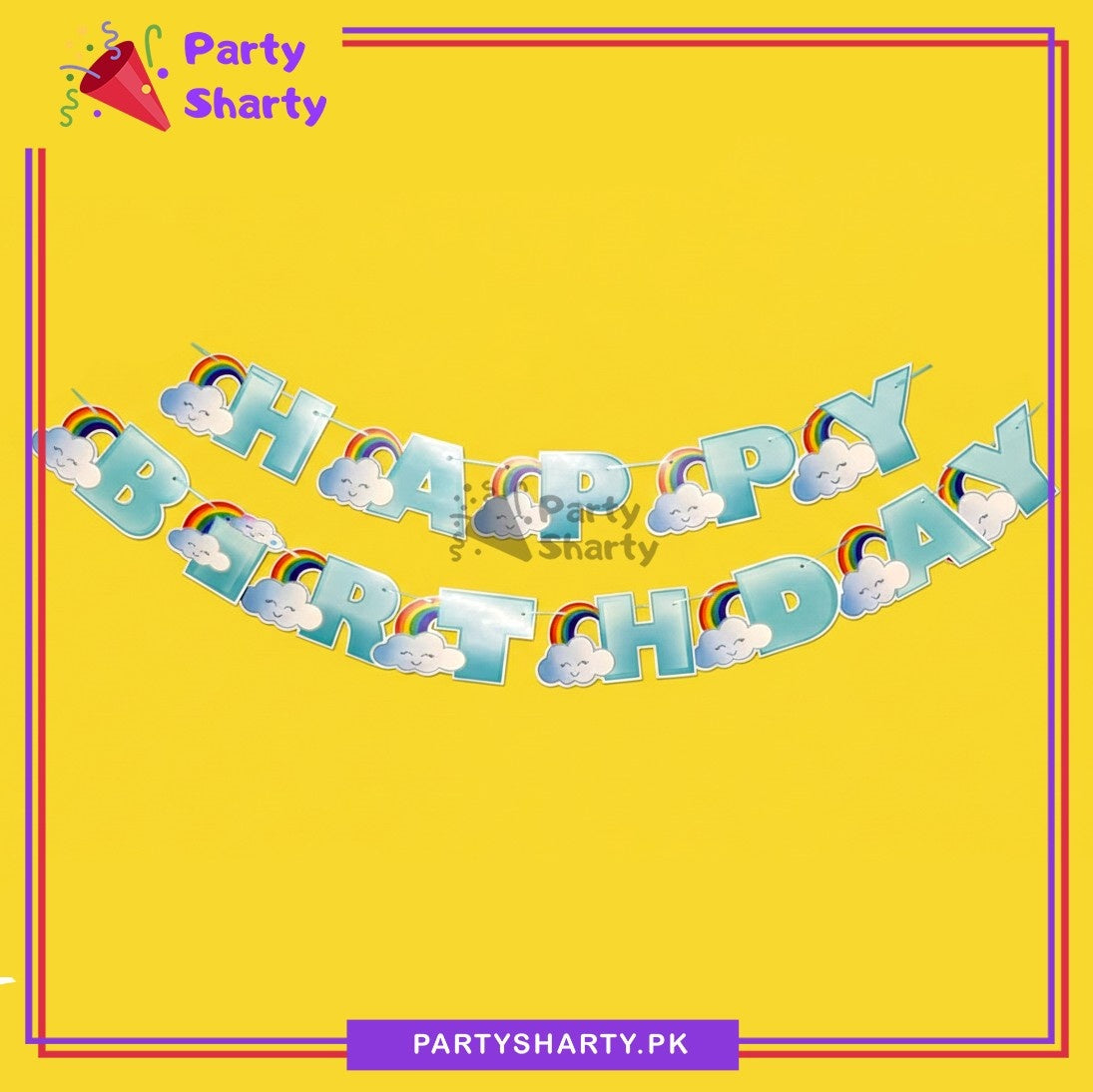 Blue Happy Birthday with Cloud Rainbow Theme Card Banner For Rainbow Theme Party Decoration & Celebration