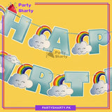 Blue Happy Birthday with Cloud Rainbow Theme Card Banner For Rainbow Theme Party Decoration & Celebration