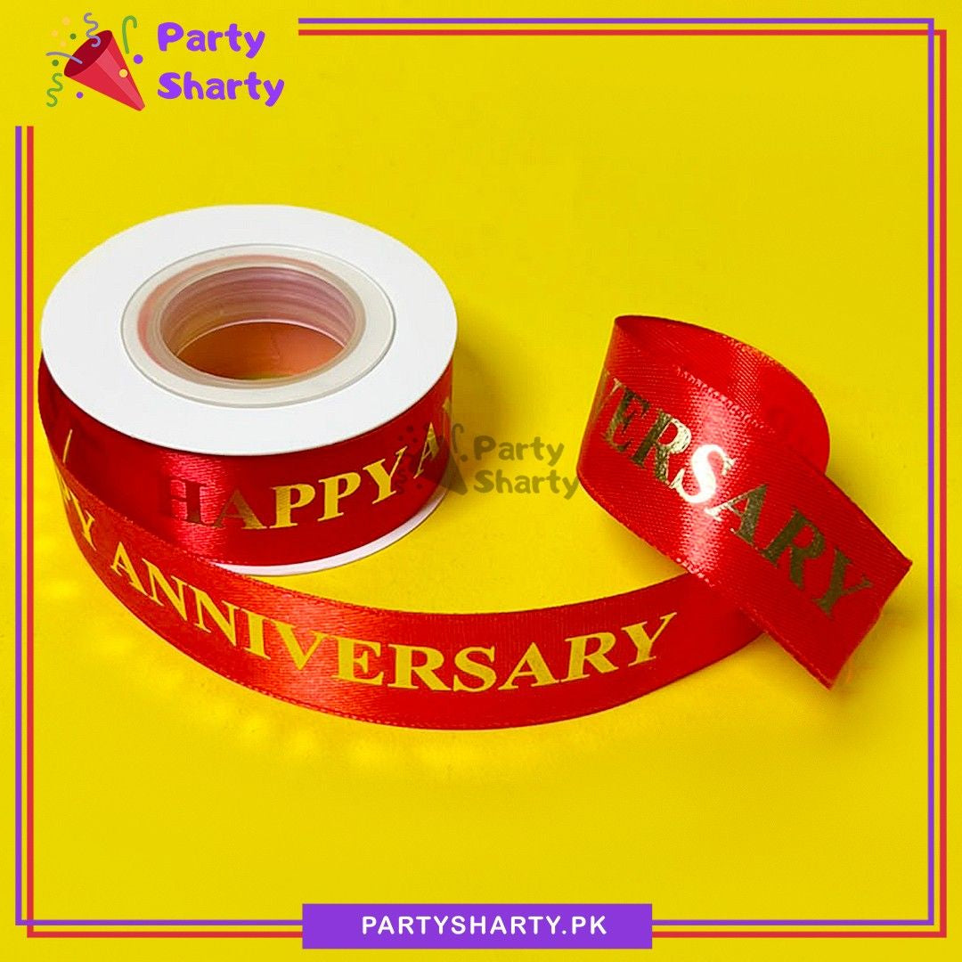 Happy Anniversary Golden Foil Printed Red Ribbon For Anniversary Gift Packing