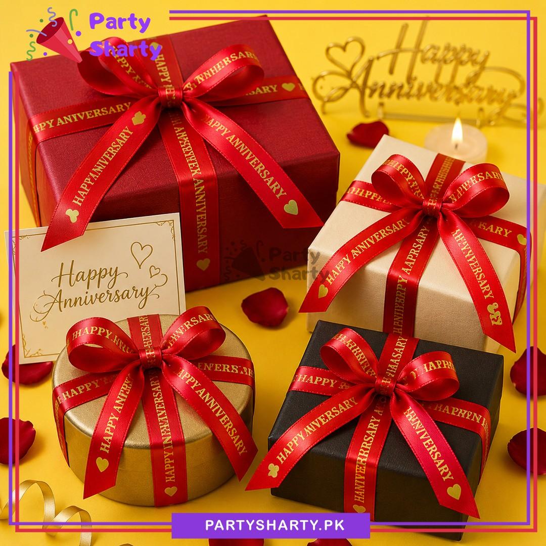 Happy Anniversary Golden Foil Printed Red Ribbon For Anniversary Gift Packing