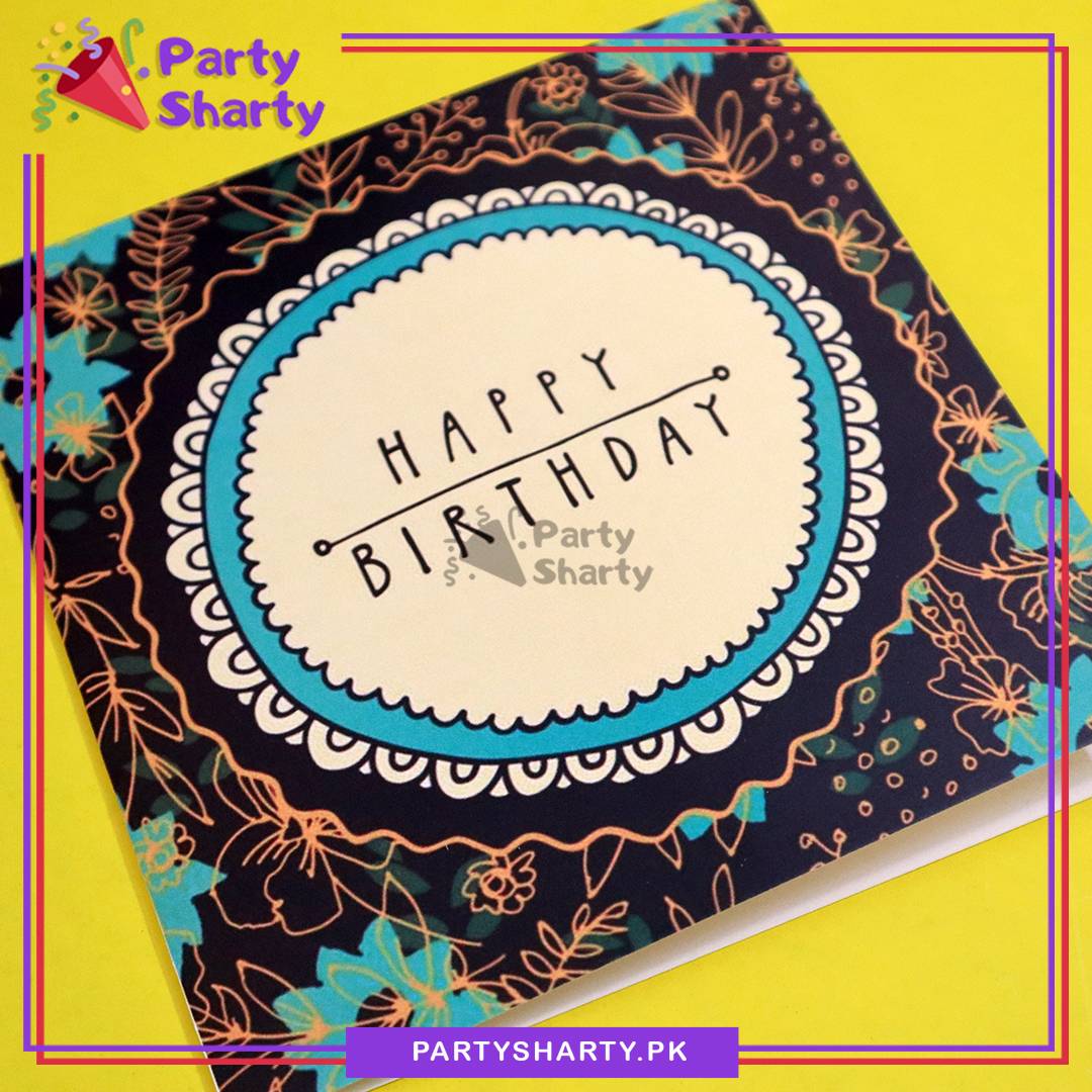 Happy Birthday Black Floral Round Design Greeting Card